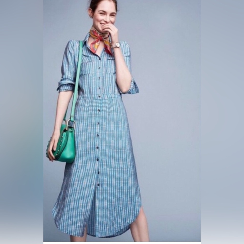 Anthropologie Maeve Jemima Blue Patterned Midi Shirt Dress Turquoise 0 EUC Boho